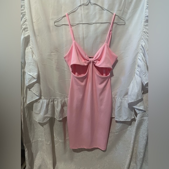 Bright Pink Body Con Spaghetti Strap Dress w/ cut outs and adjustable straps. - Picture 2 of 5